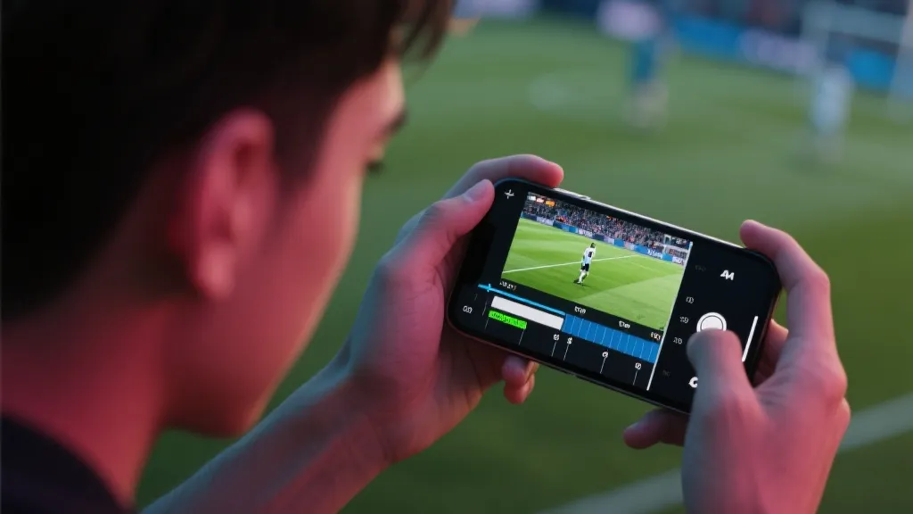 手机屏幕中的短视频剪辑界面与观赛人群，节奏感强的数字时代足球传播